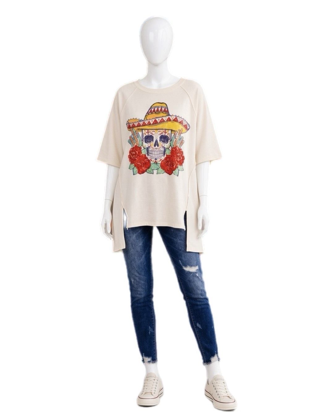 FANTASTIC FAWN oversized skull rhinestone accent high low tunic tee S M L